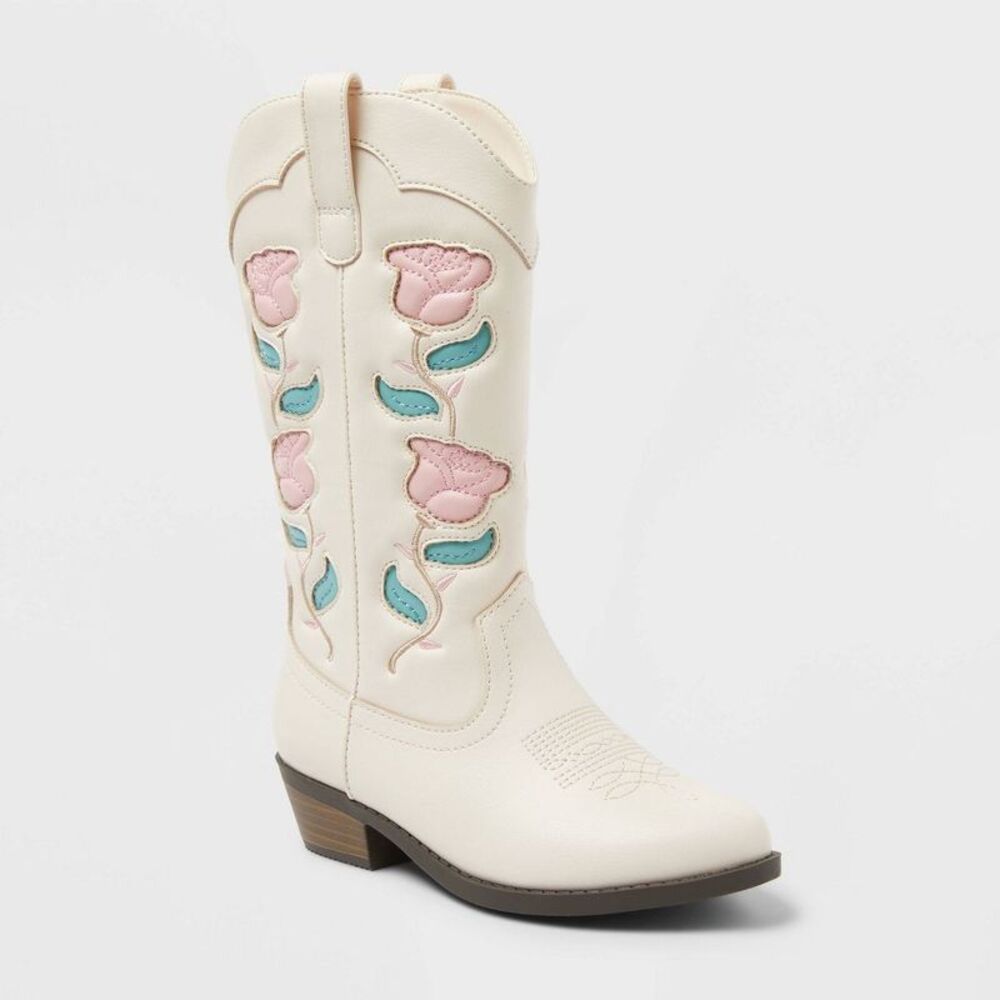 art class Cream Western Boots with Pink & Teal Floral Appliqué